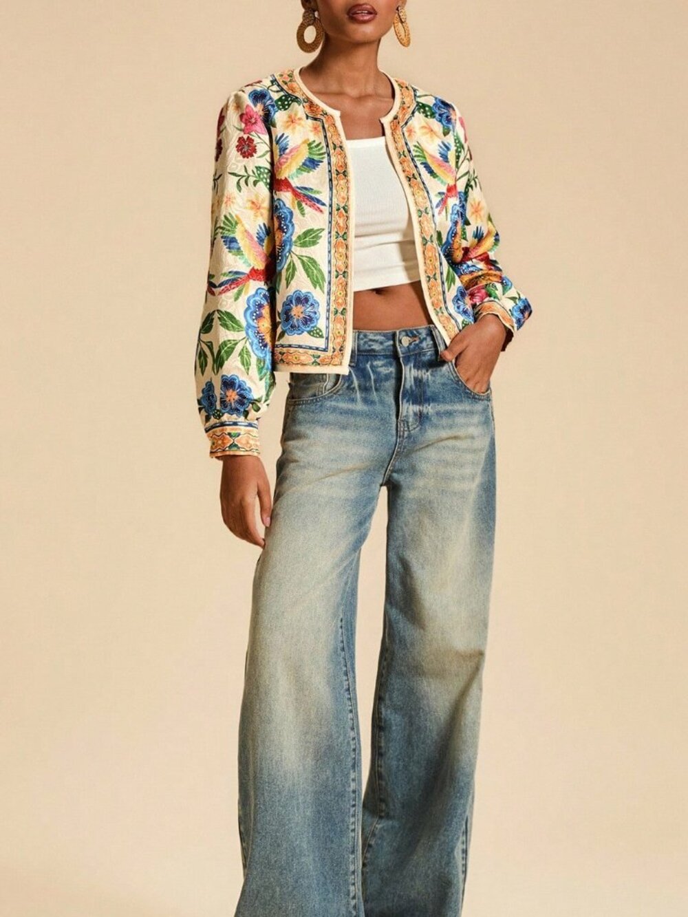 Multicolor Casual Women's Floral Print Open Front Light Boho Tropical top - Picture 3 of 7